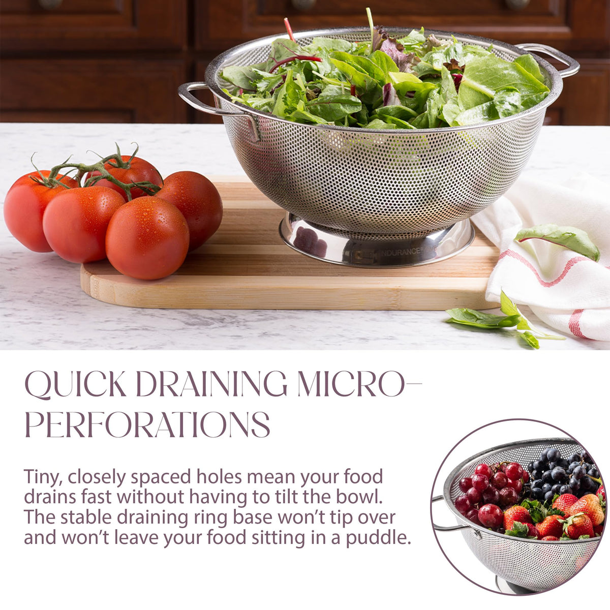Bellemain micro-perforated colander 5qt drains vegetables with fast, thorough drainage.
