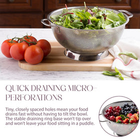 Bellemain micro-perforated colander 5qt drains vegetables with fast, thorough drainage.