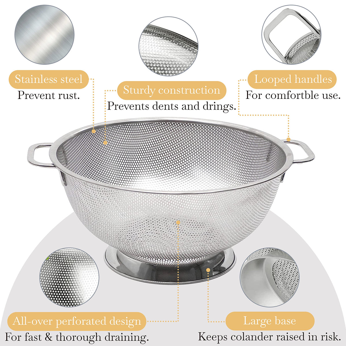 Bellemain colander with stable base and ergonomic handles for safe draining
