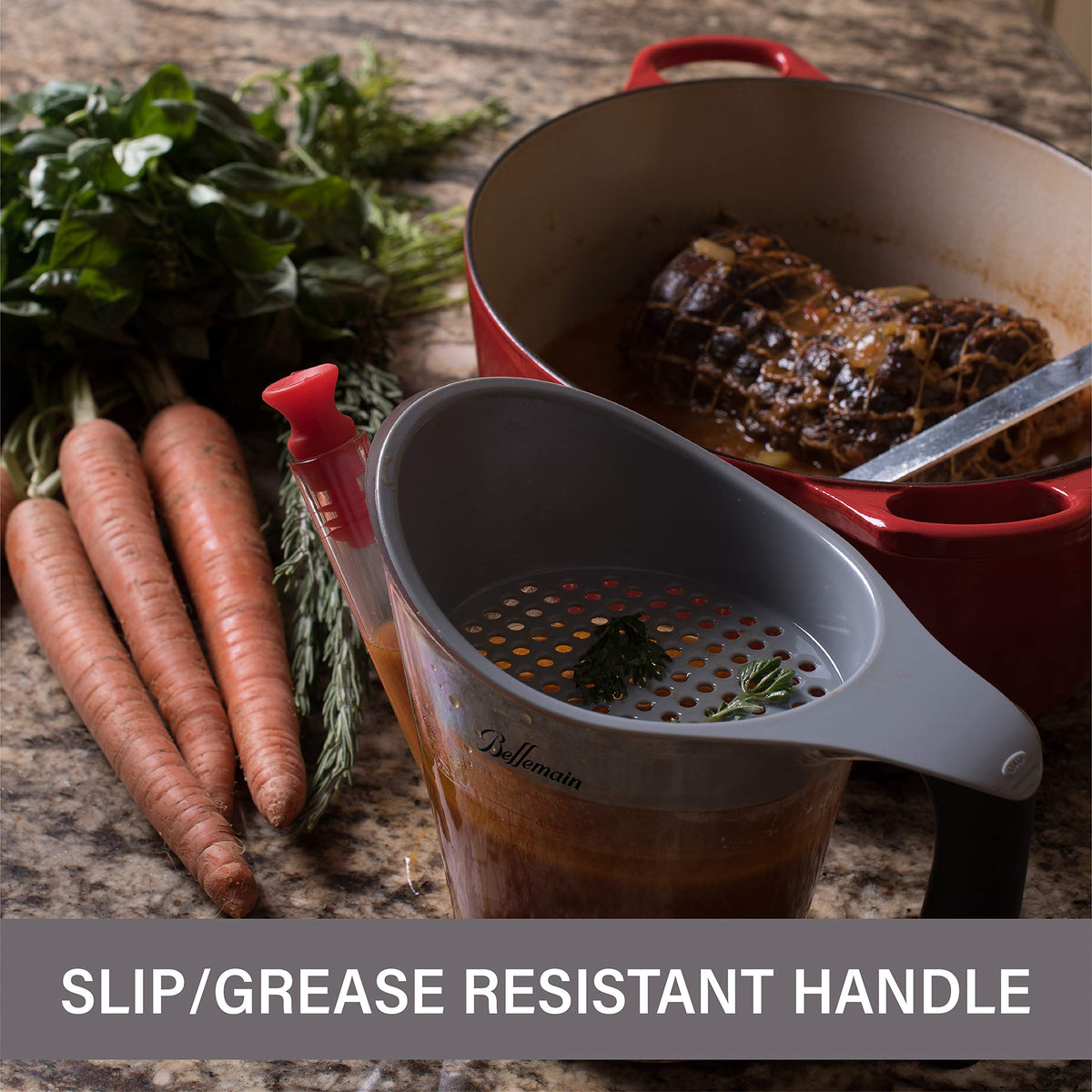 Bellemain fat separator top strainer allows draining solids directly into the cup