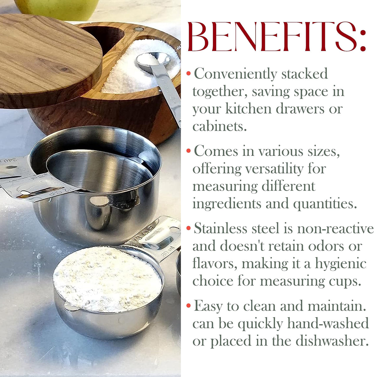 Bellemain cups measure both dry and liquid ingredients in ml and oz