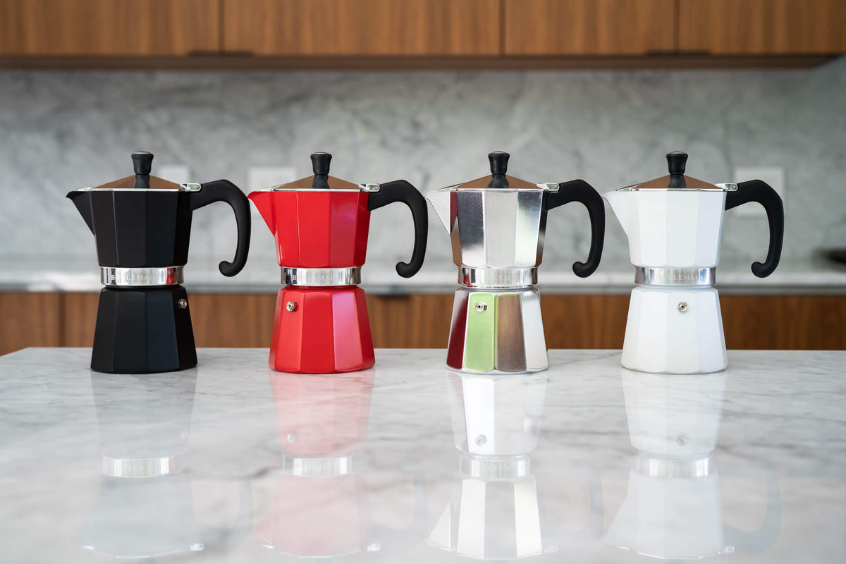 Bellemain moka pot front view showing classic aluminum design.