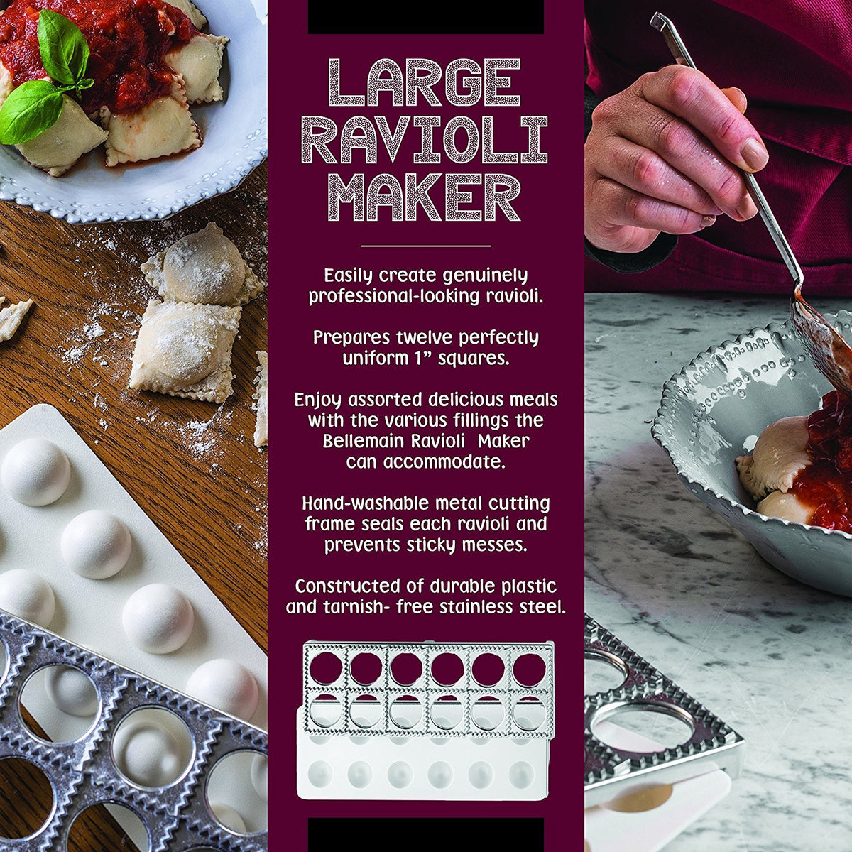 Bellemain ravioli maker mold shows even ravioli with easy release.