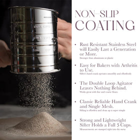 Bellemain sifter with ergonomic handle supports comfortable one-handed operation.