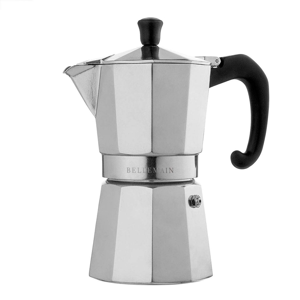 Bellemain stovetop espresso maker 6-cup side view in silver for quick coffee