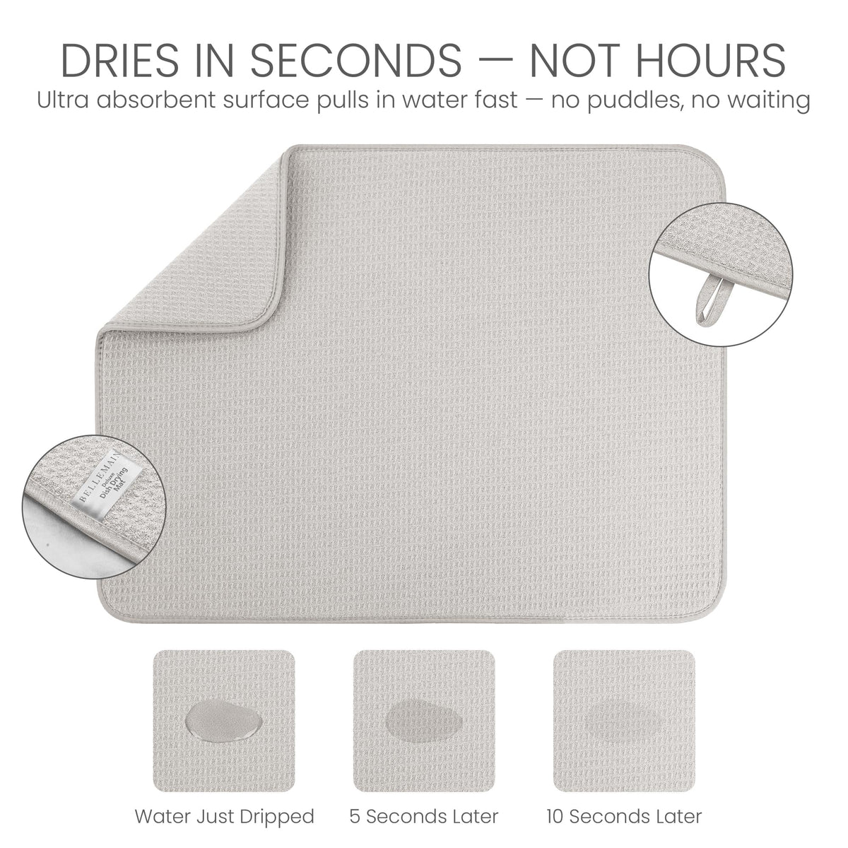 Bellemain XL dish mat absorption-capacity test demonstrates thick, durable layering