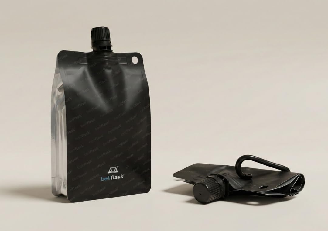 BellFlask spill-proof screw cap shown for leak-free transport in bags.