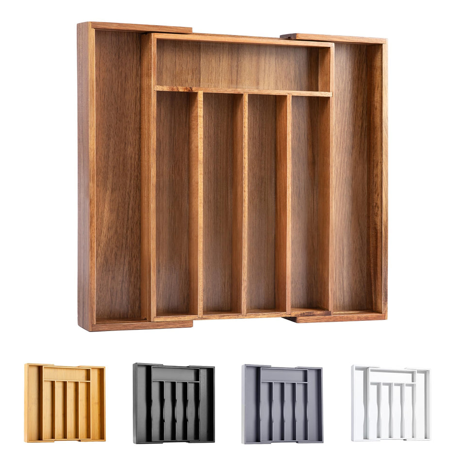 Bellsal Acacia silverware organizer expandable width keeps drawer contents tidy.