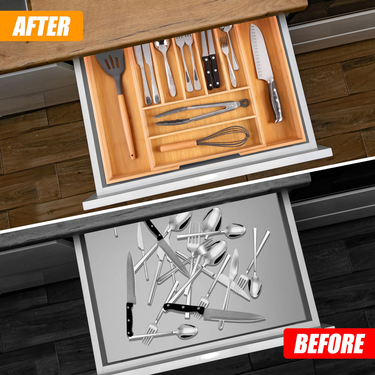 Bellsal organizer close-up highlighting deep compartments for larger utensils.