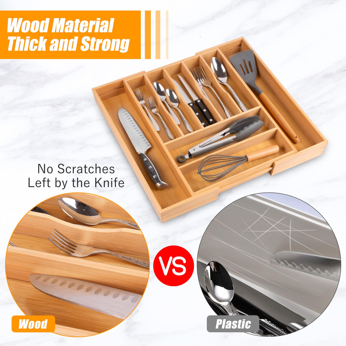 Bellsal bamboo organizer with grooved edges for easy retrieval of items.