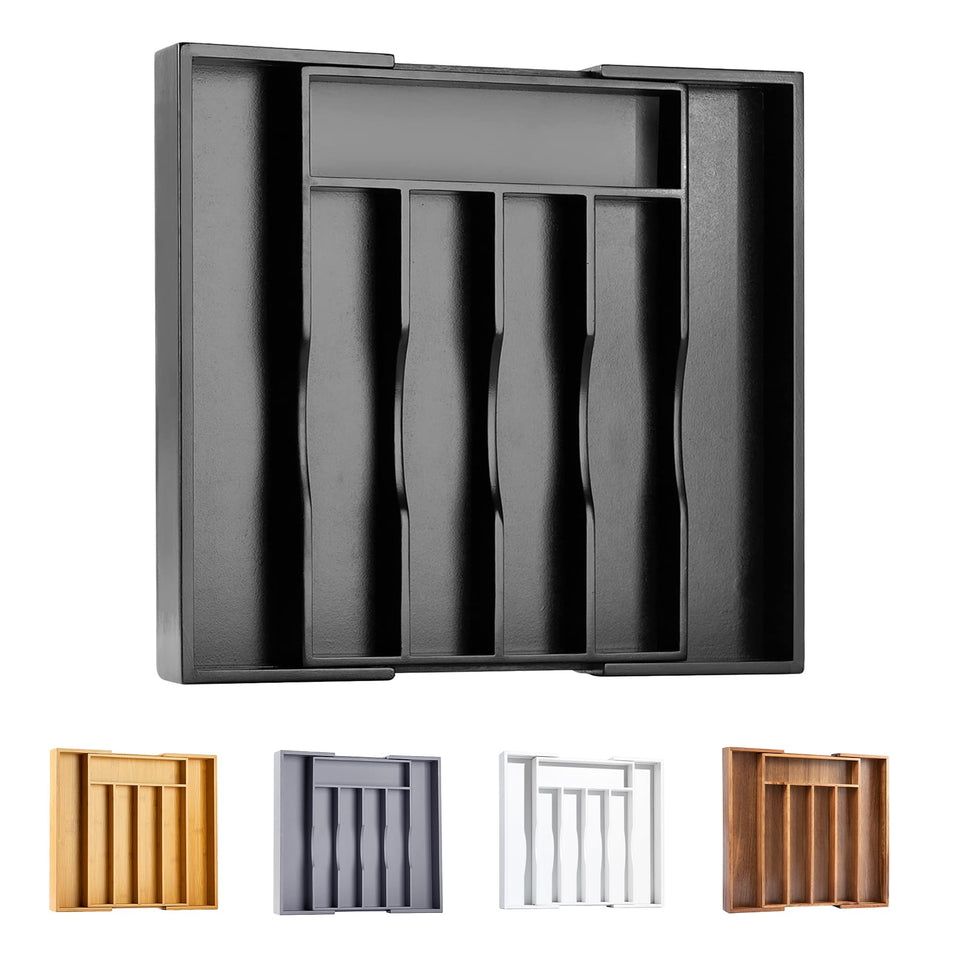 Bellsal expandable bamboo silverware organizer in the drawer keeps cutlery neatly organized.
