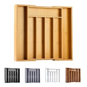 Bellsal expandable bamboo silverware organizer in a drawer keeps utensils neatly separated