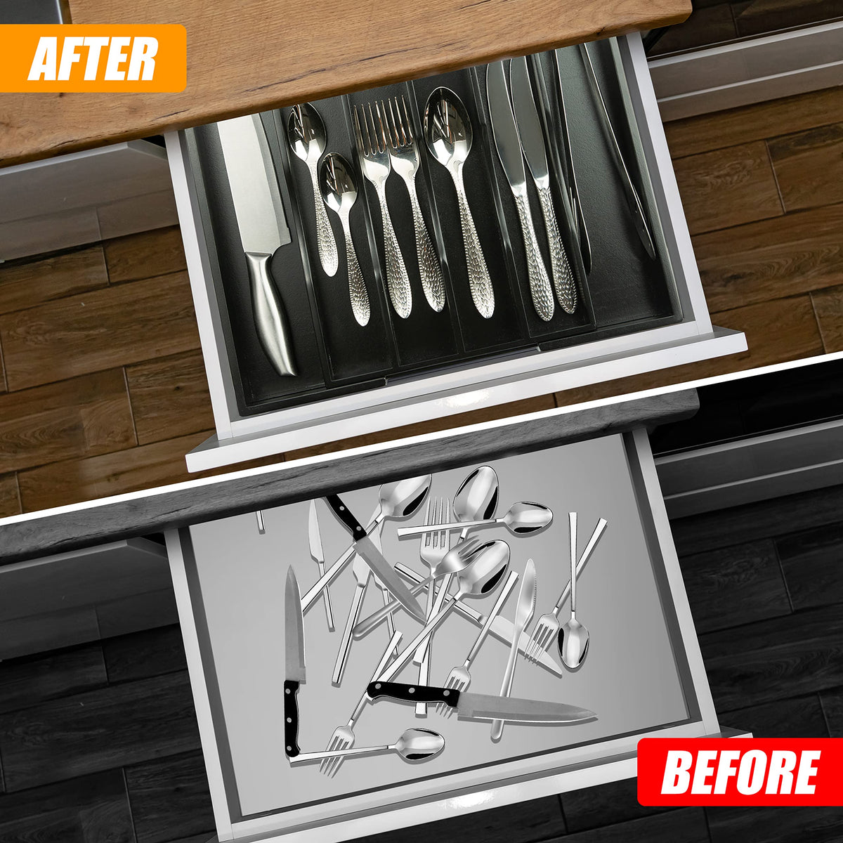 Bellsal five-to-seven compartment layout for organized utensils.