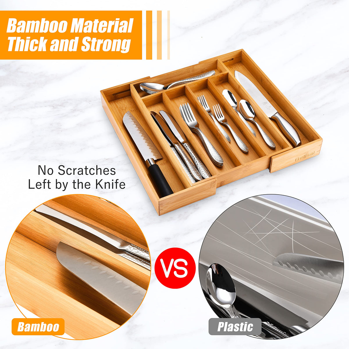 Bellsal kitchen drawer organizer in bamboo fits various drawer widths for versatile storage