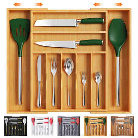 Bellsal large bamboo organizer in a drawer keeps cutlery neatly arranged for quick access.