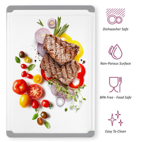 Belwares cutting board with easy-grip handles for easy transport.