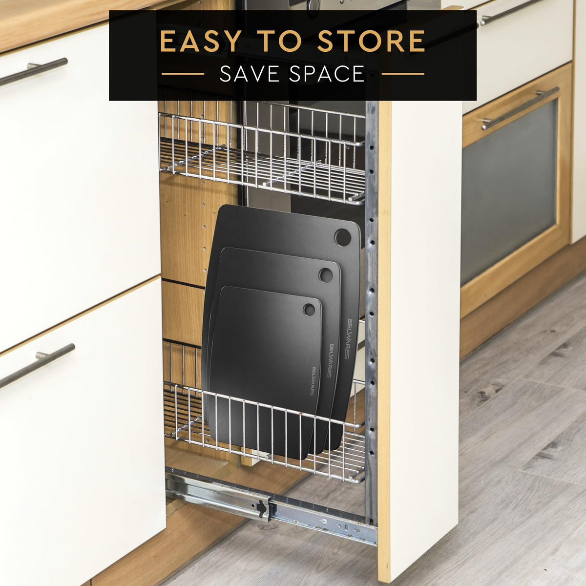 Belwares cutting board with hanging hole for organized kitchen storage.