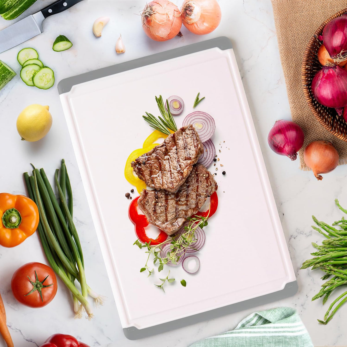 Belwares cutting board with smooth edges protects counters.