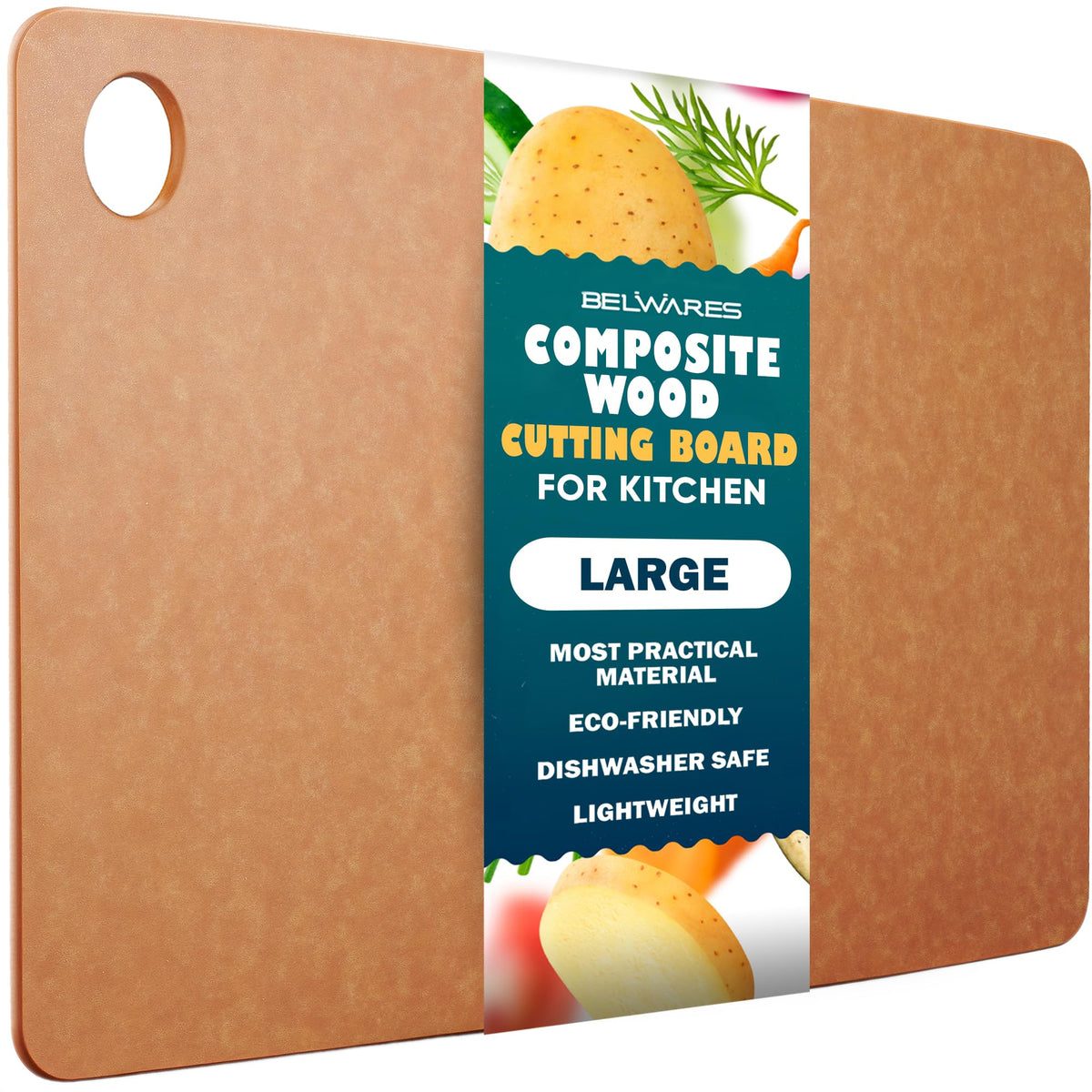 Belwares dishwasher-safe cutting board, large natural finish, ideal for meal prep.