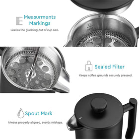 Belwares French Press 34 Oz close up of 4 level filtration for smoother cups.