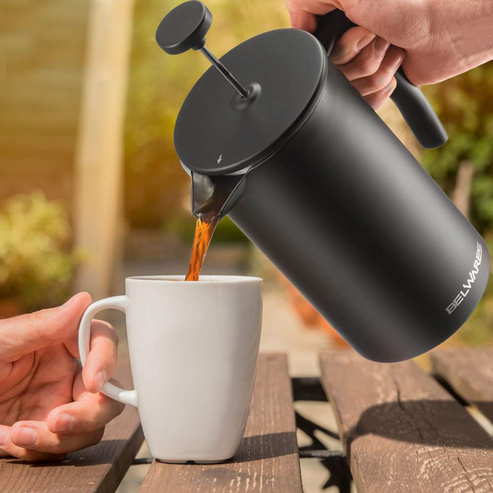 Belwares French Press 34 Oz double-wall exterior in matte black keeps brew warm.
