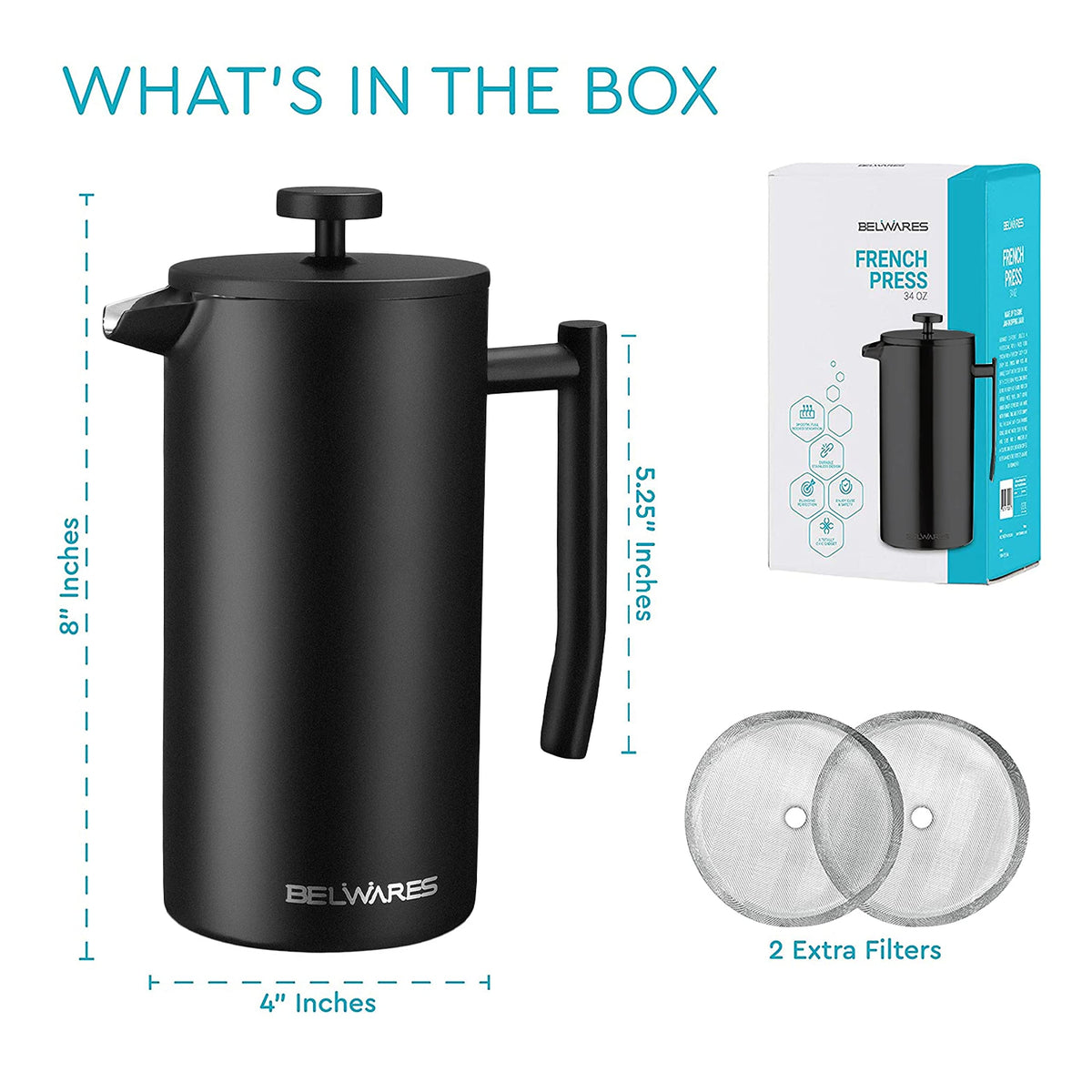 Belwares French Press 34 Oz includes two extra replacement filter screens for maintenance.