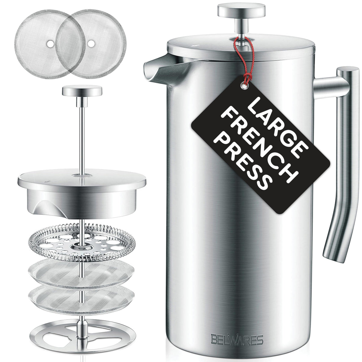 Belwares French press 50oz shows the large capacity for six cups