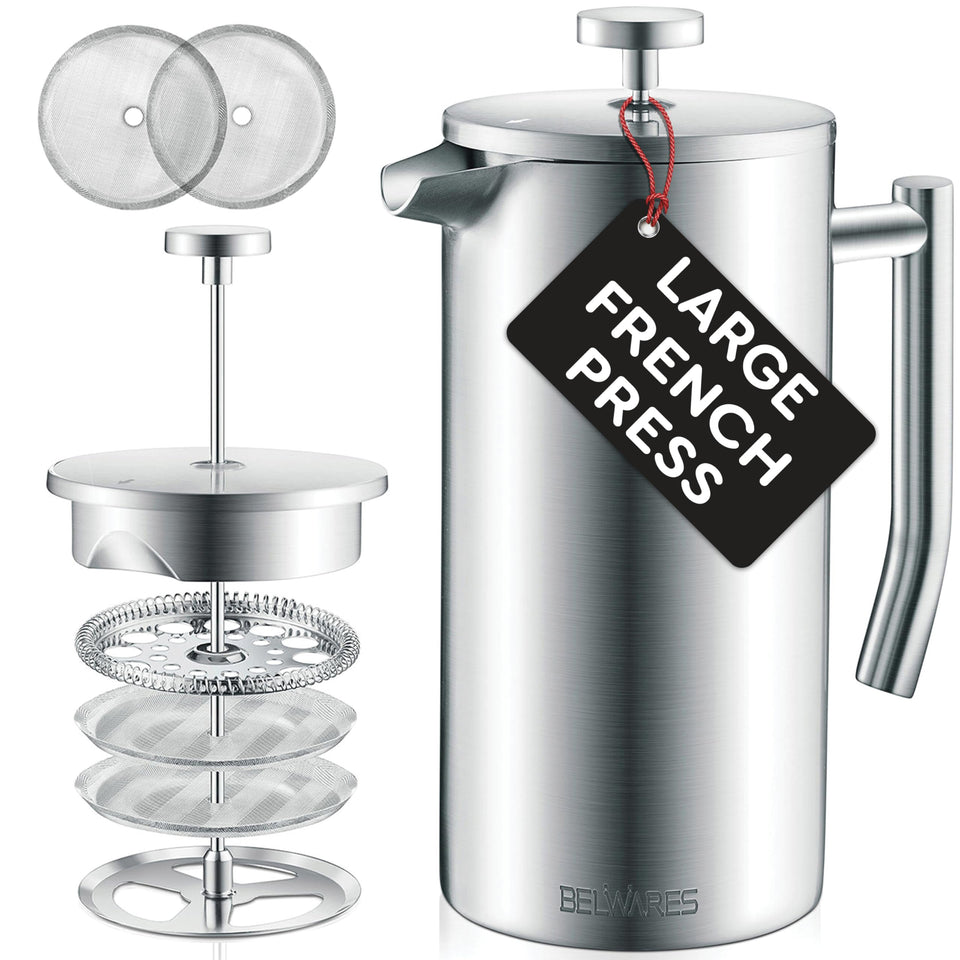 Belwares French press 50oz shows the large capacity for six cups