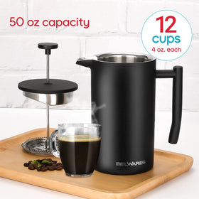 Belwares French Press 50oz double-wall insulated body keeps coffee hot longer.