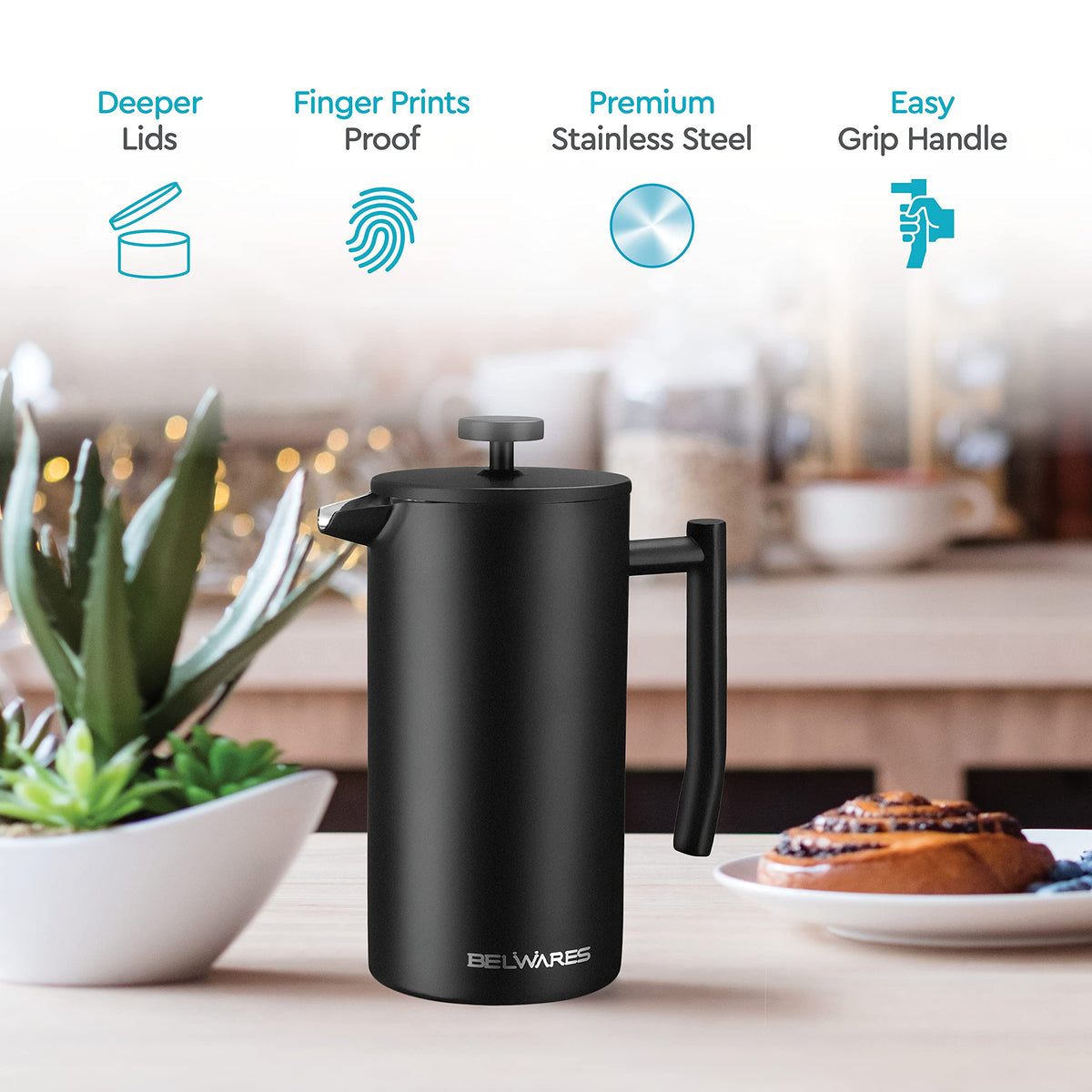 Belwares French Press easy-grip handle and clean pour spout for daily use.