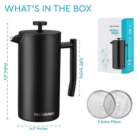Belwares French Press twist lid reduces heat loss during brewing.