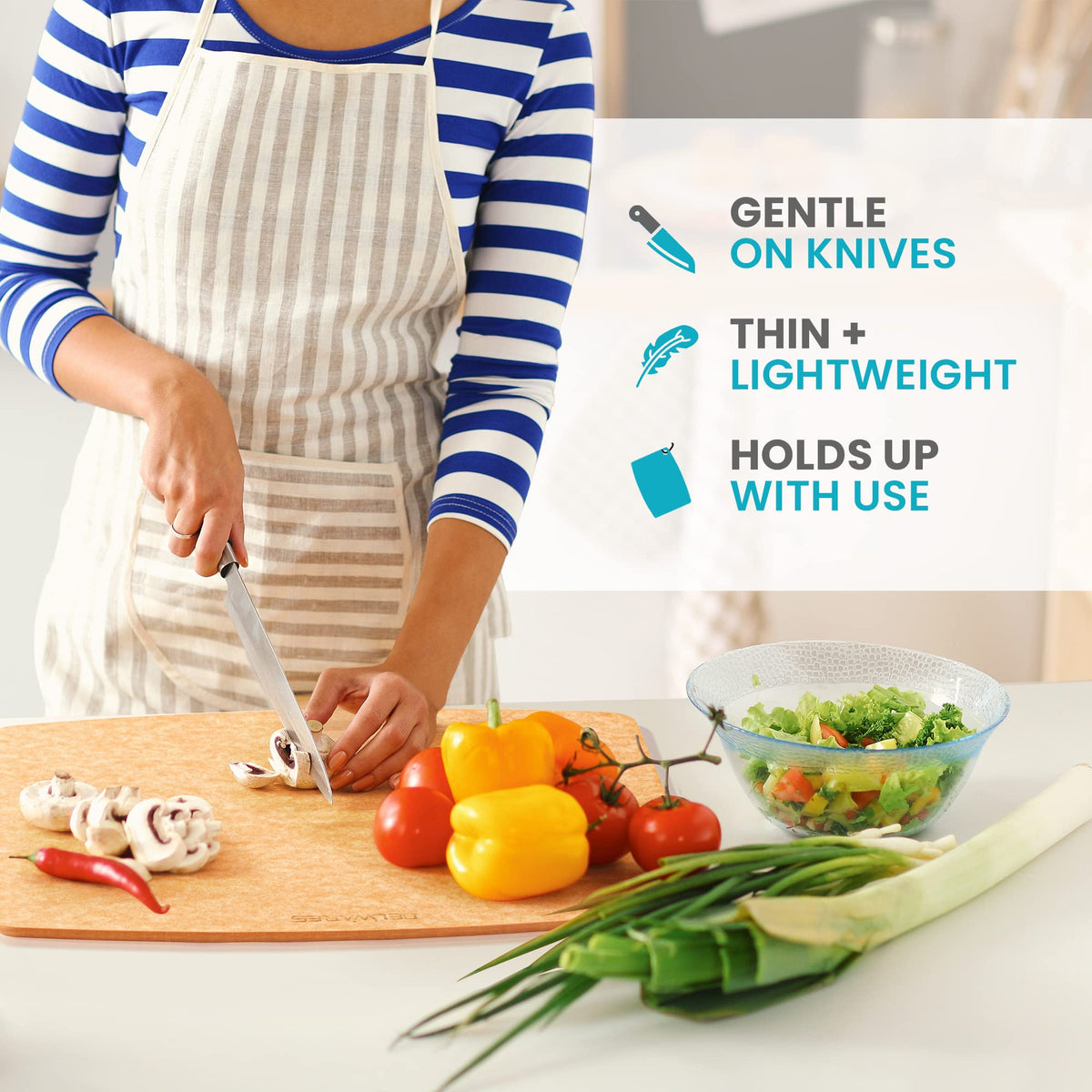 Belwares cutting board with heat resistance up to 350°F for versatile prep.
