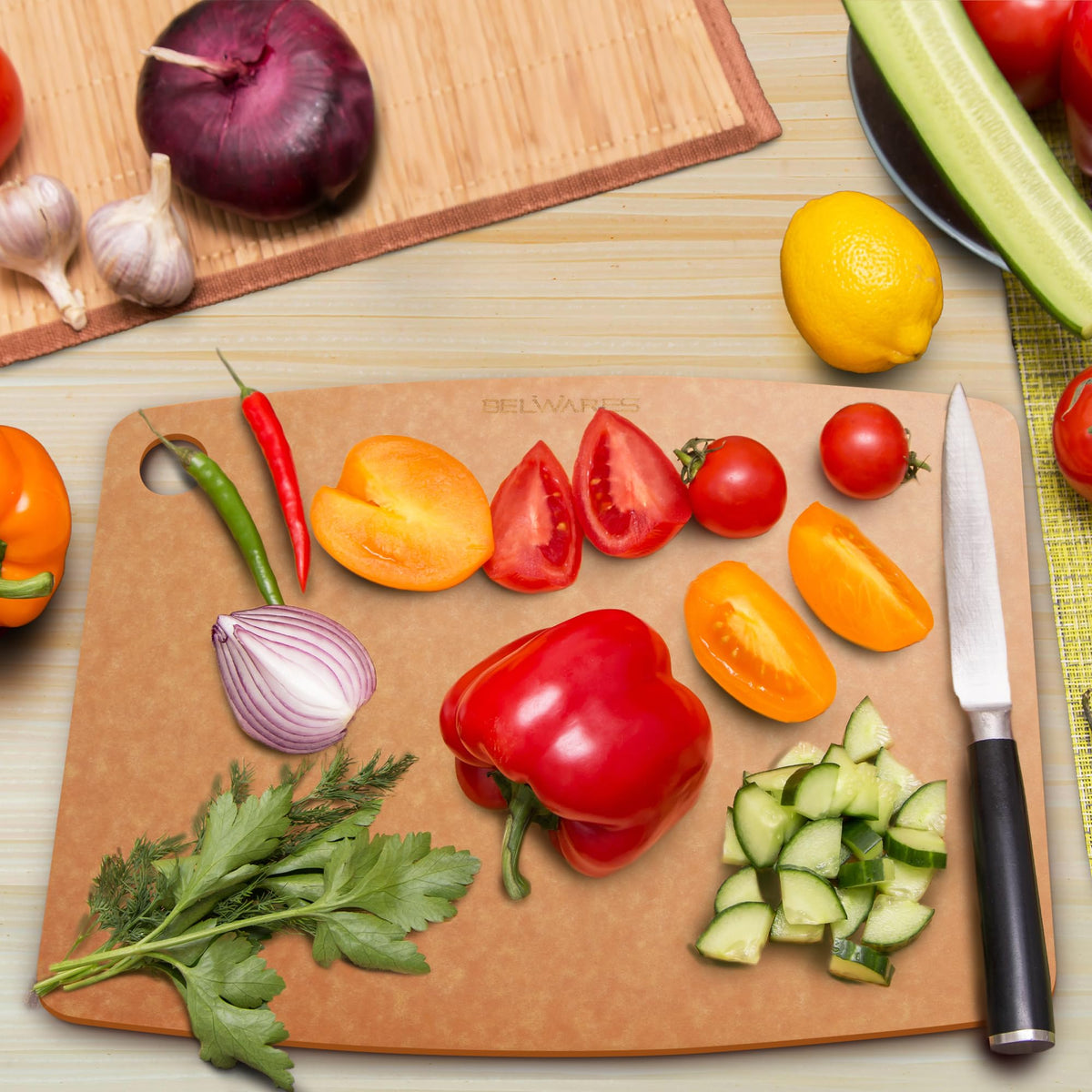 Belwares kitchen multi-use cutting board suitable for prep and serving tasks.