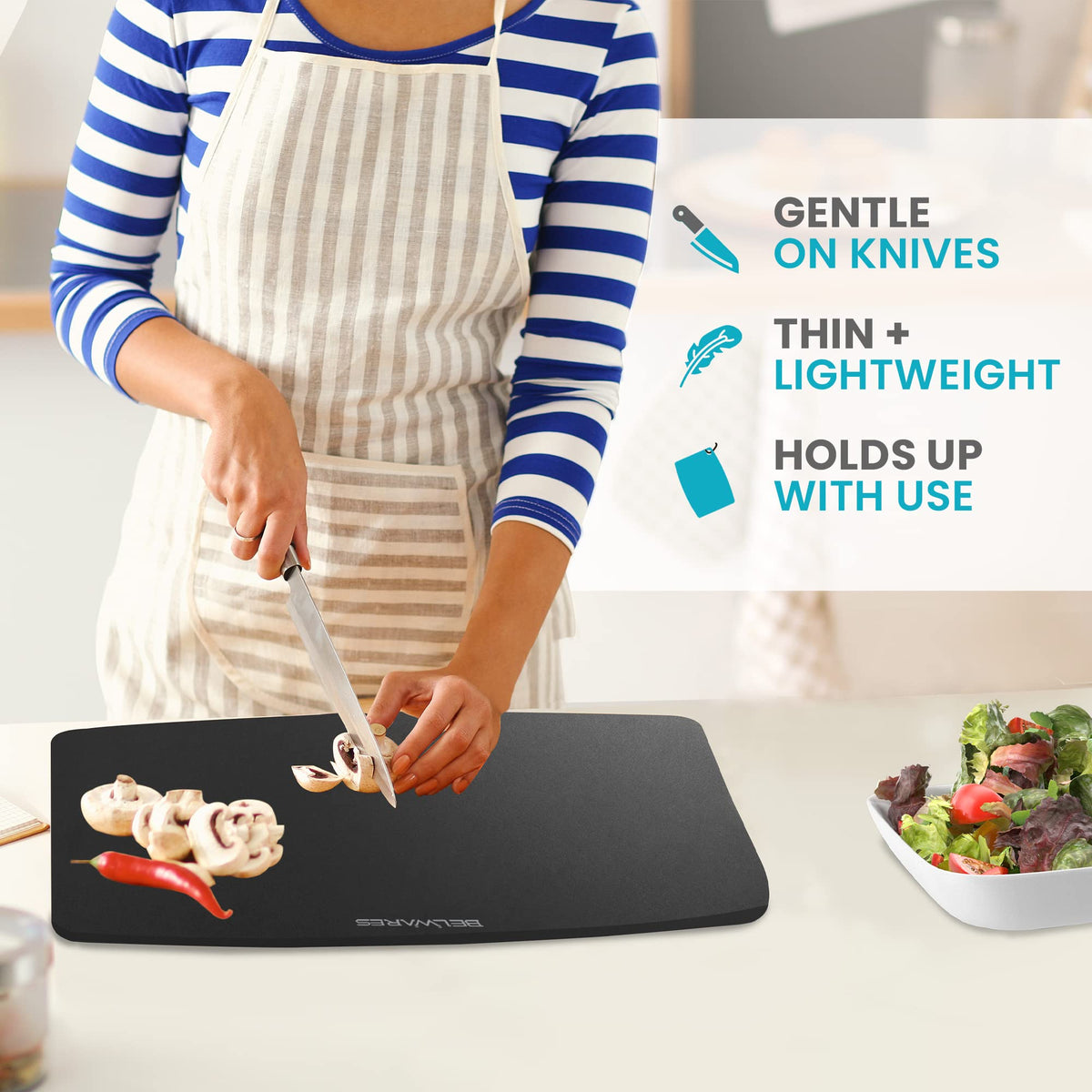 Belwares knife-friendly surface helps protect blades during prep.