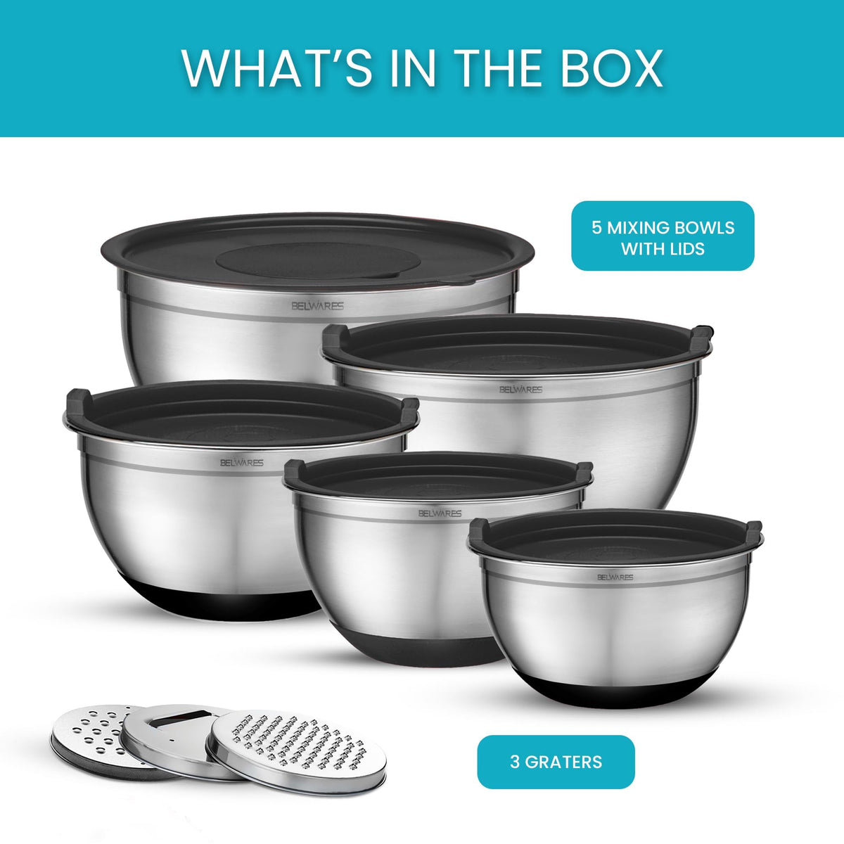Belwares bowls feature interior measurement markings for precise ingredient sizing.