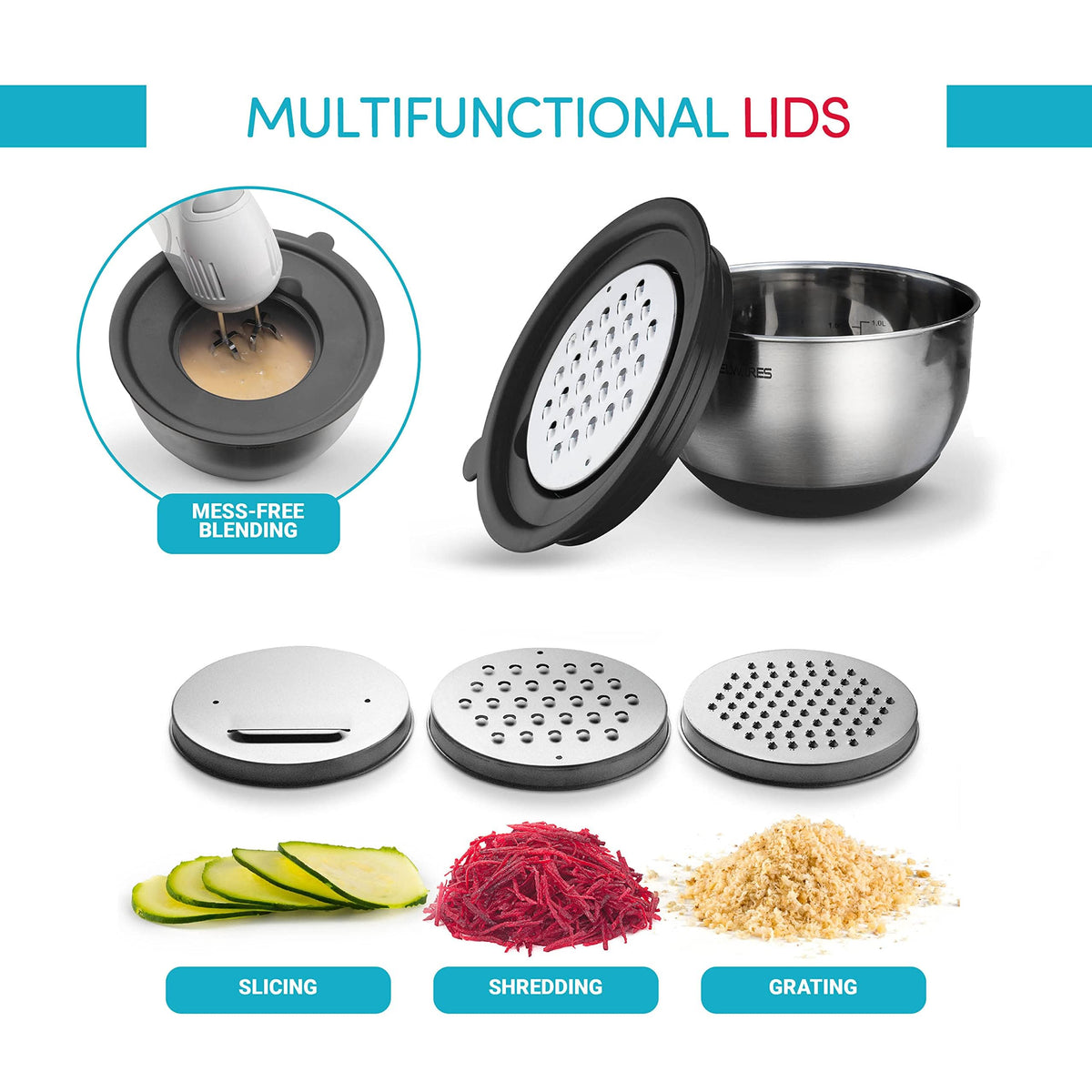 Belwares mixing bowls with lid and three grater attachments for quick prep.