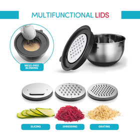 Belwares mixing bowls with lid and three grater attachments for quick prep.