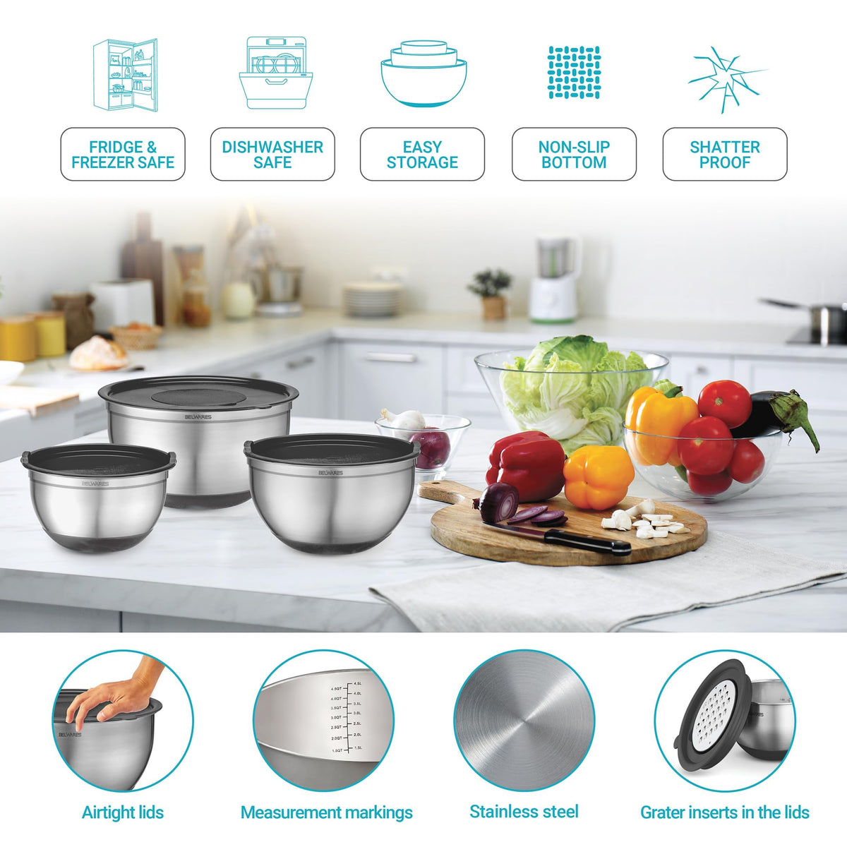 Belwares nesting bowls stacked neatly to maximize kitchen cabinet organization.