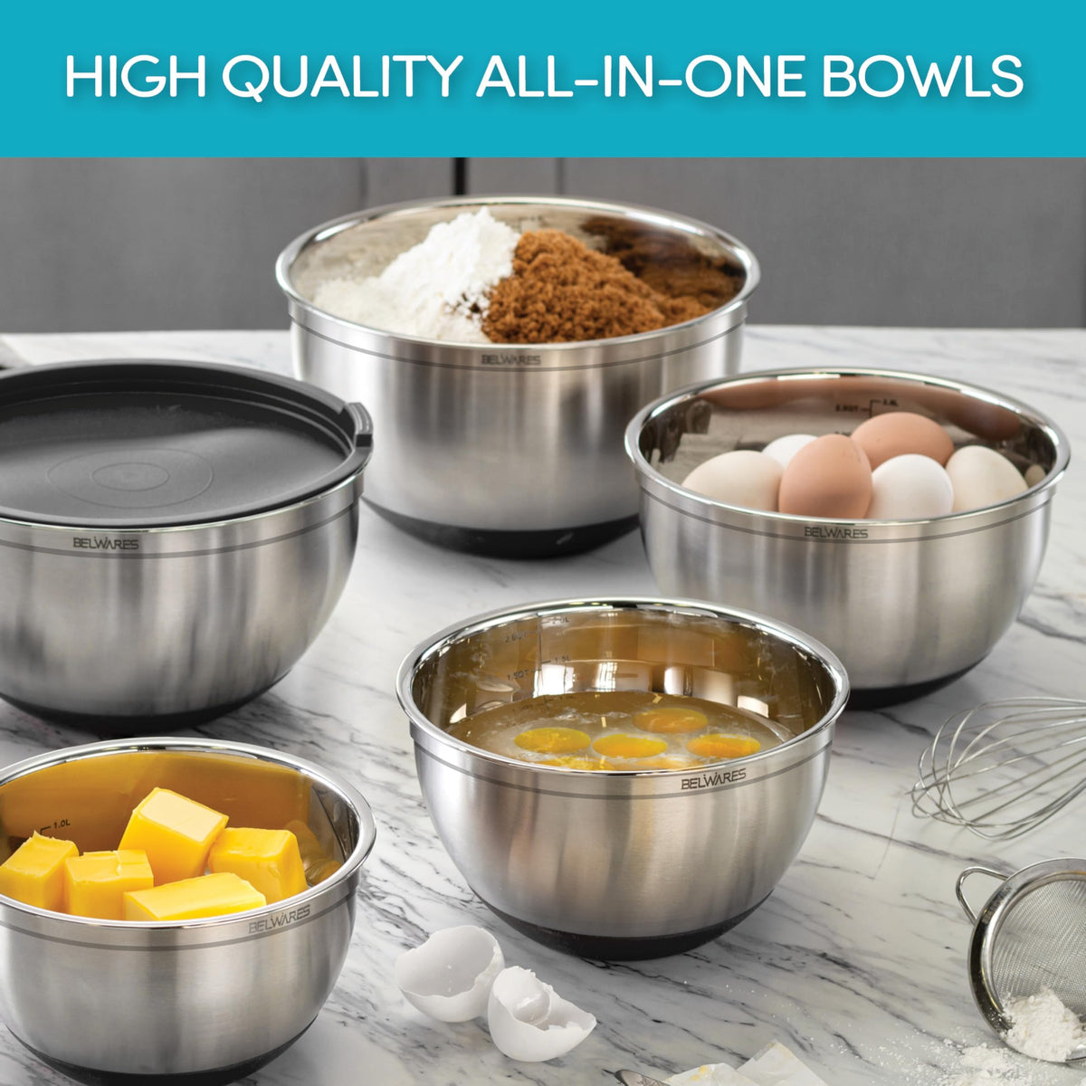 Belwares bowls with non-slip bottoms for stable mixing and whisking tasks.
