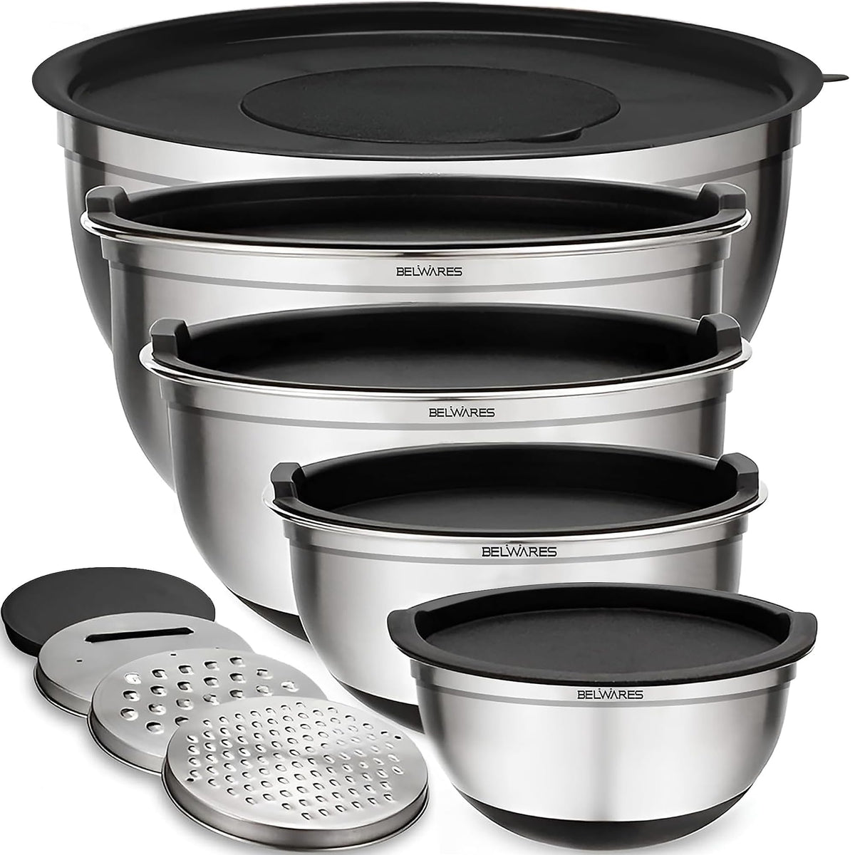Belwares five-piece stainless steel mixing bowls set with nesting design for space-saving storage.