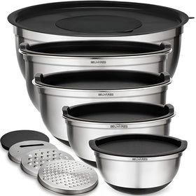 Belwares five-piece stainless steel mixing bowls set with nesting design for space-saving storage.