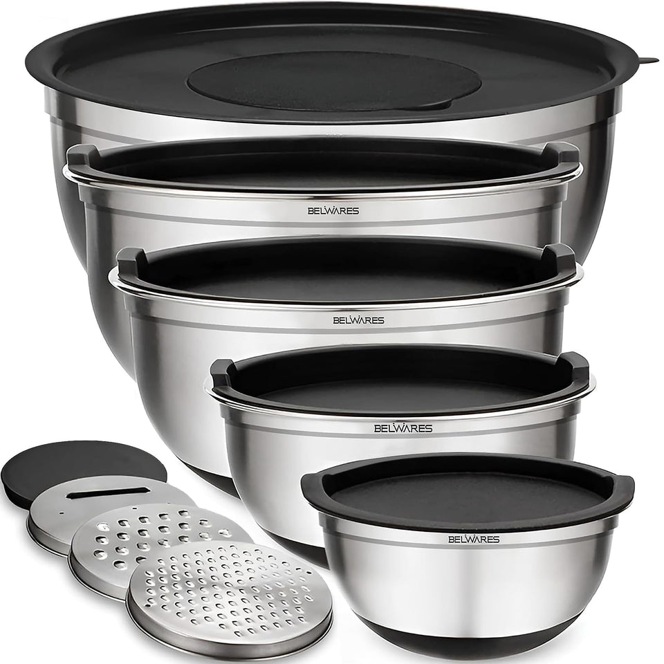 Belwares five-piece stainless steel mixing bowls set with nesting design for space-saving storage.