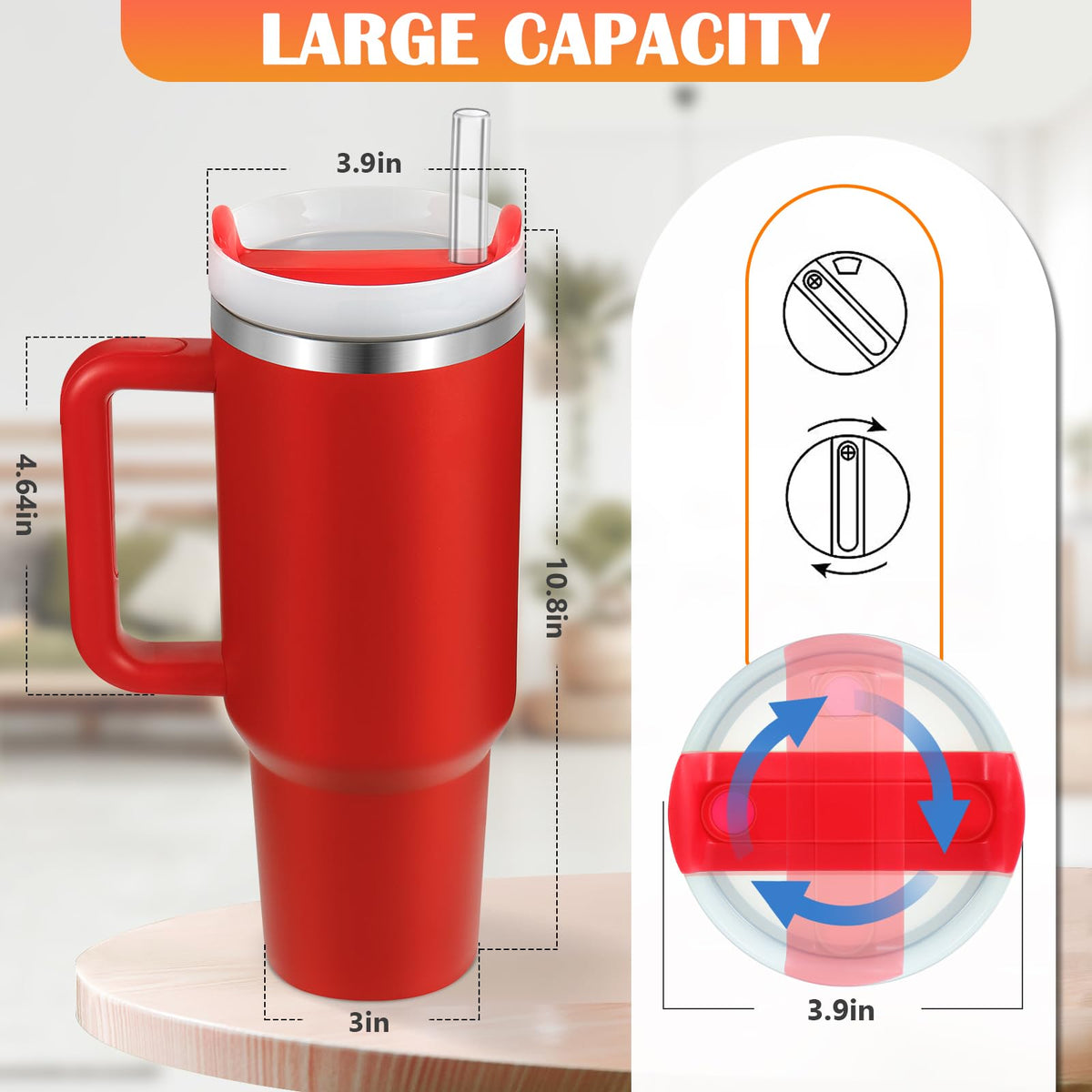 BELYQLY tumbler shows anti-slip handle and secure lid for travel use.
