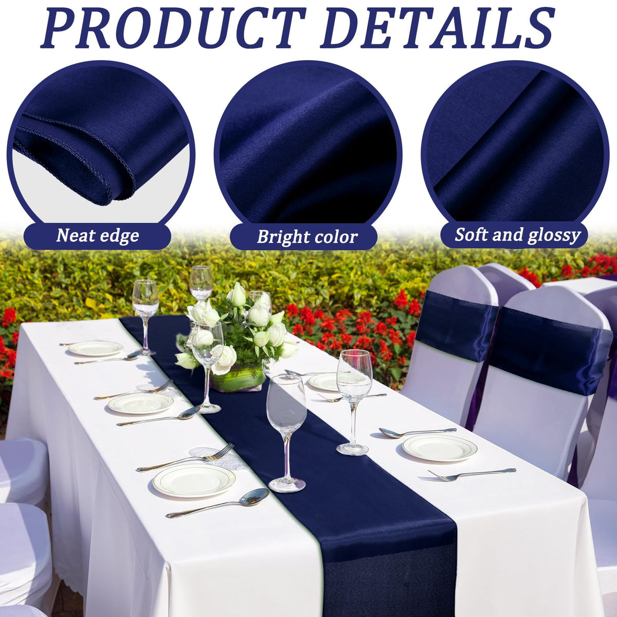 Bencailor navy satin runner is easy to iron for pristine setups.