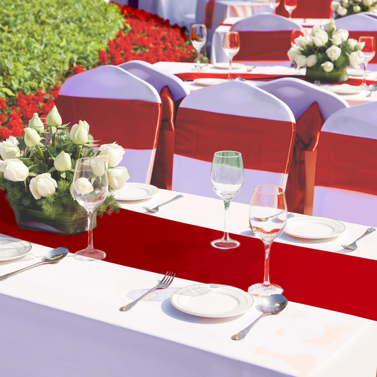 Bencailor red satin table runner wedding decor enhances romantic ambiance.