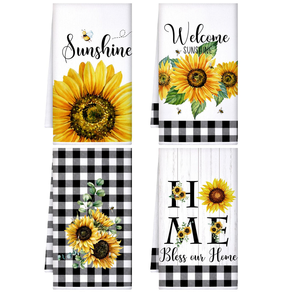Bencailor sunflower kitchen towels set of 4 with bees and plaid design for bright kitchen decor.