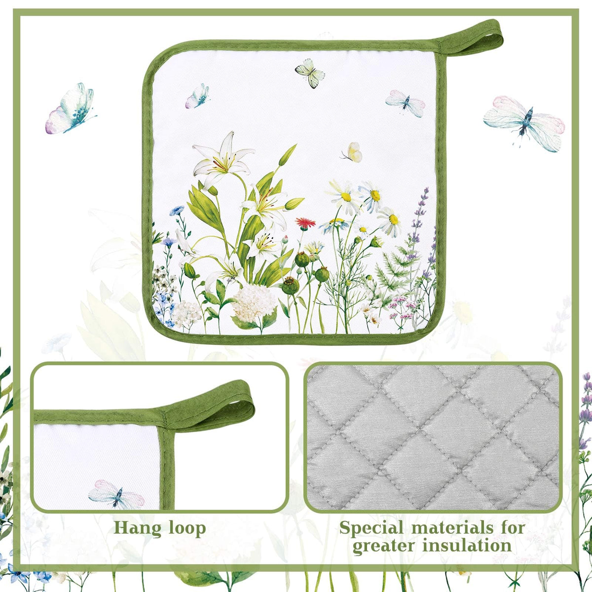 Close-up of Bencailor watercolor floral print on pot holders for safe handling.
