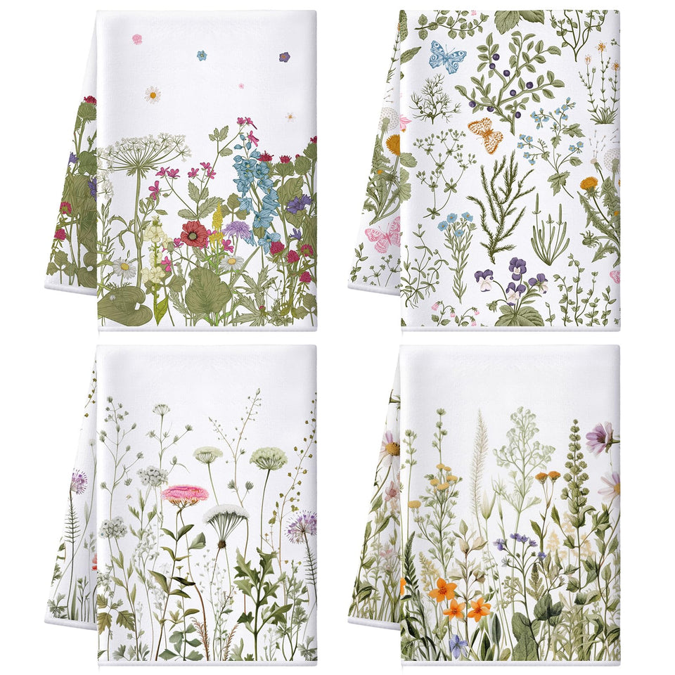 Bencailor 4 piece wildflower kitchen towel set displayed together for everyday kitchen use.