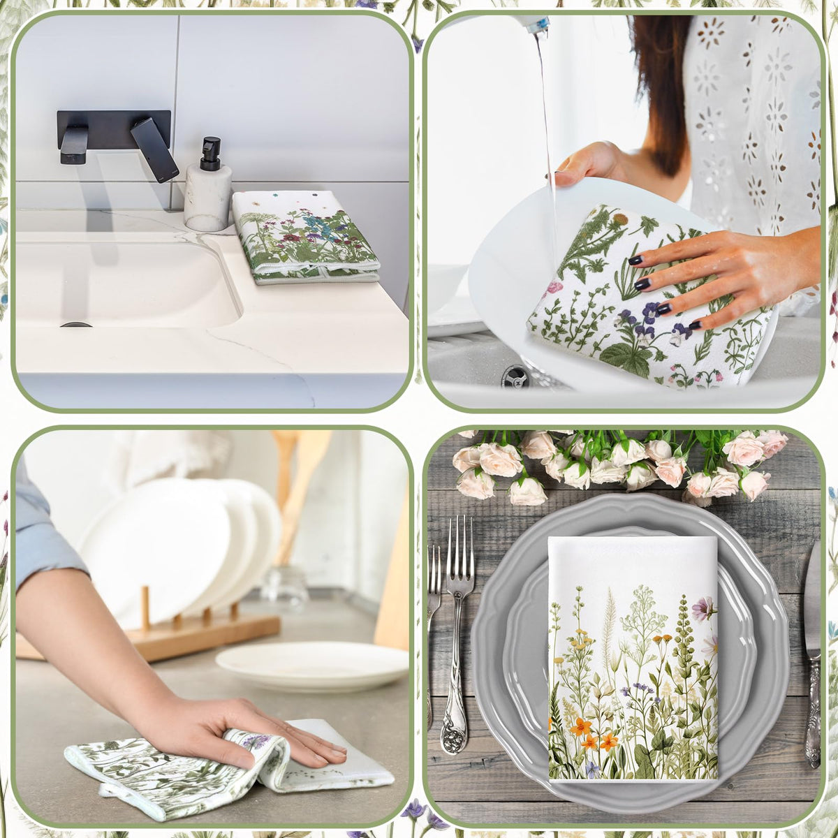 Bencailor close up of vibrant wildflower pattern on white and green towels.