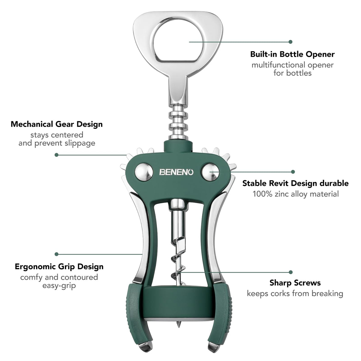 Beneno built-in bottle opener adds quick caps and versatility.